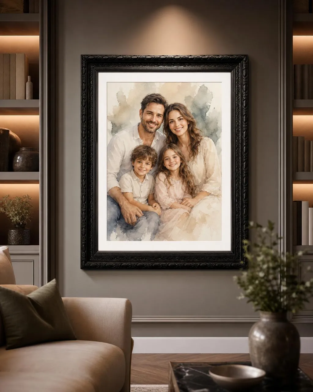 Personalised watercolour portrait, framed